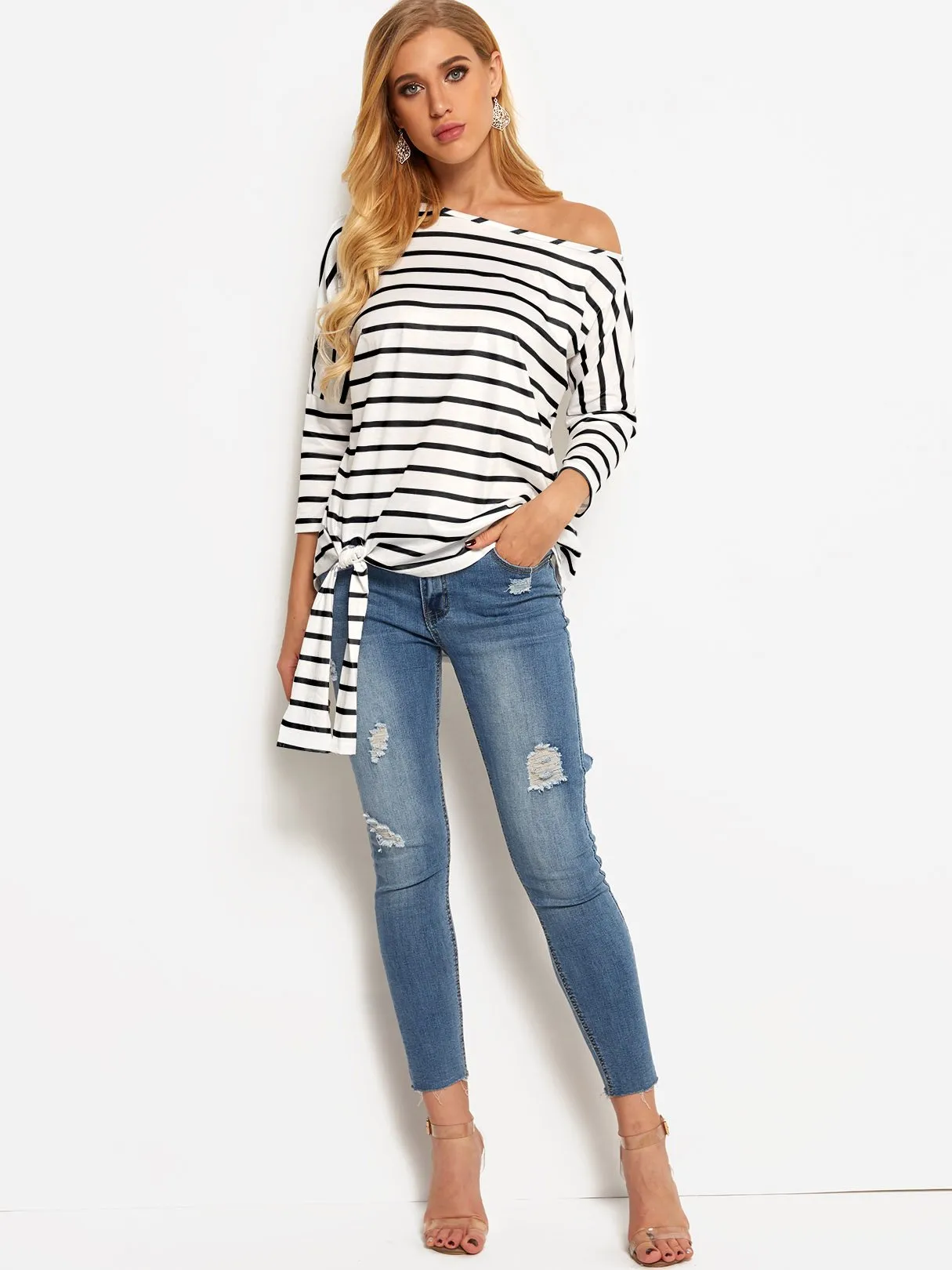 OEM ODM Asymmetrical One Shoulder Stripe Self-Tie Long Sleeve Curved Hem Blouses