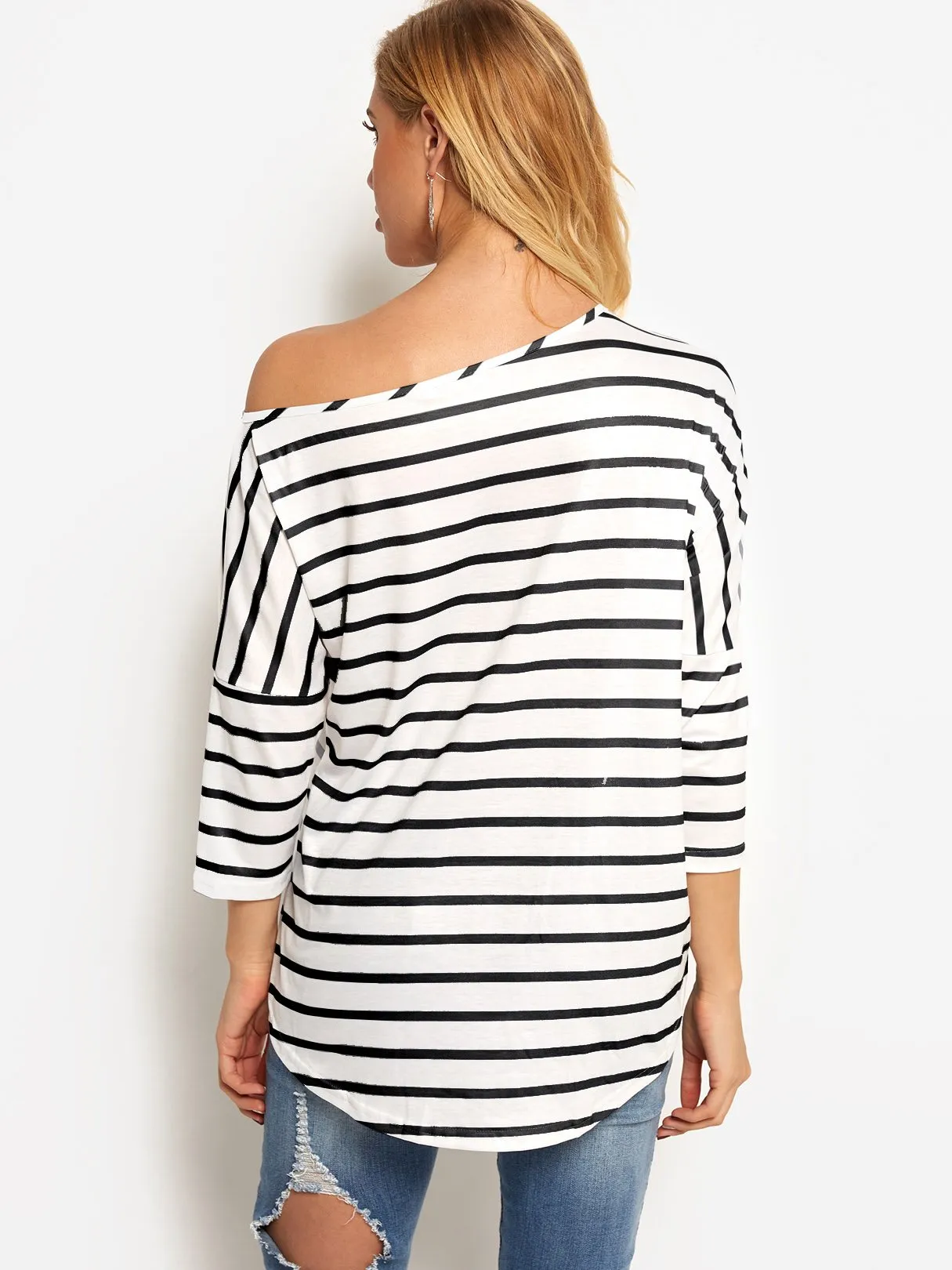 OEM ODM Asymmetrical One Shoulder Stripe Self-Tie Long Sleeve Curved Hem Blouses