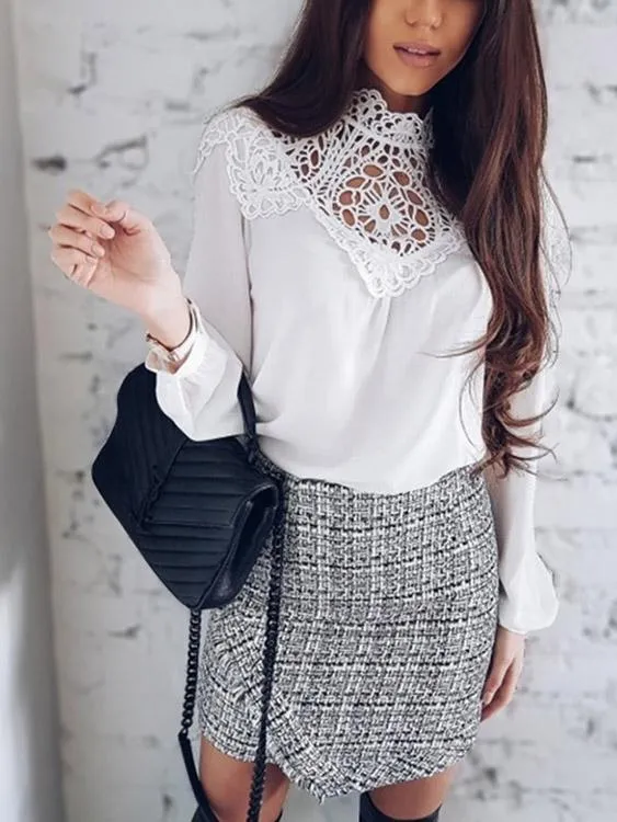 OEM ODM Crew Neck Round Neck Crochet Lace Embellished Hollow Long Sleeve White Blouses