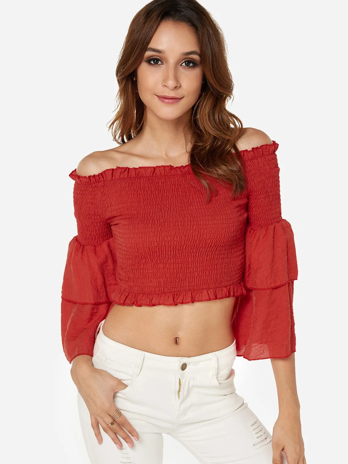 OEM ODM Off The Shoulder Plain Tiered 3/4 Sleeve Ruffle Hem Red Blouses