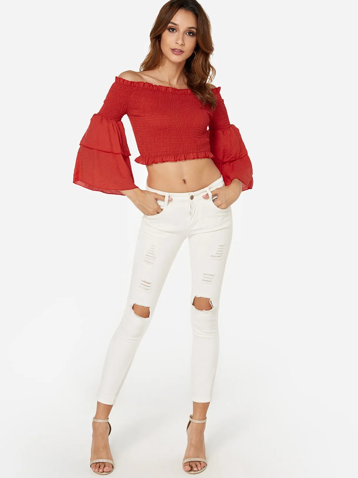 OEM ODM Off The Shoulder Plain Tiered 3/4 Sleeve Ruffle Hem Red Blouses