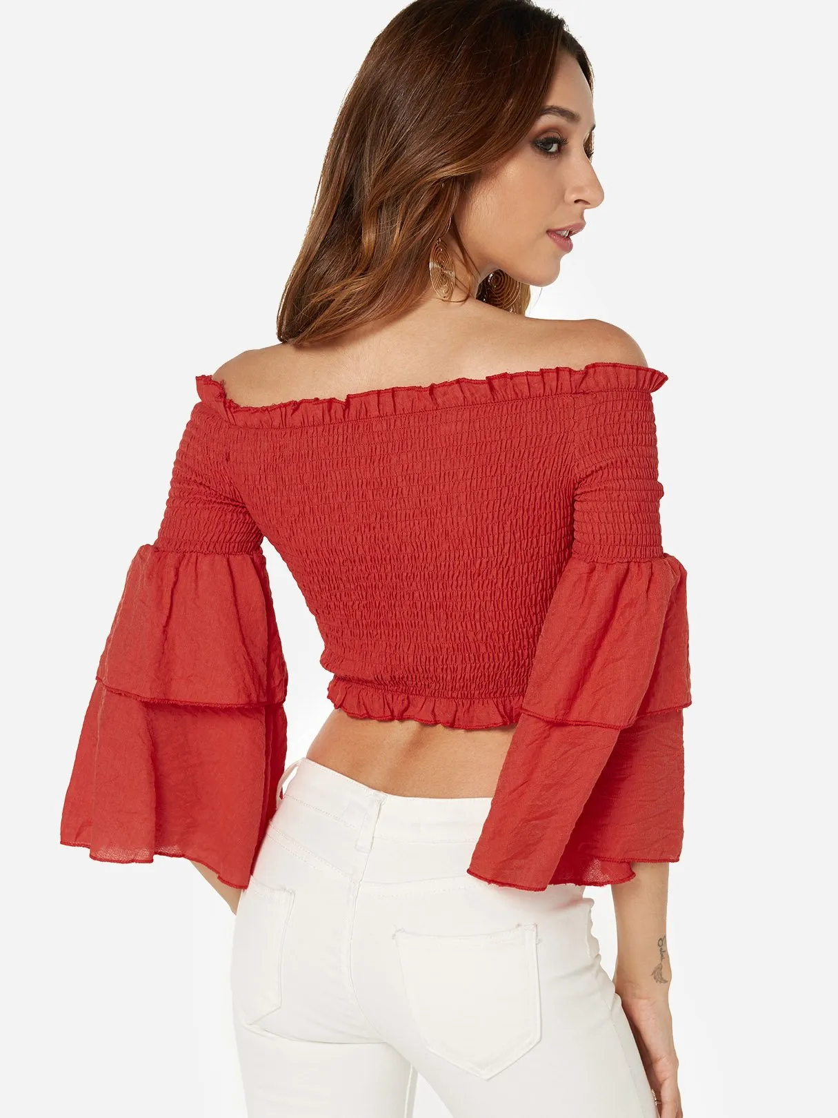 OEM ODM Off The Shoulder Plain Tiered 3/4 Sleeve Ruffle Hem Red Blouses