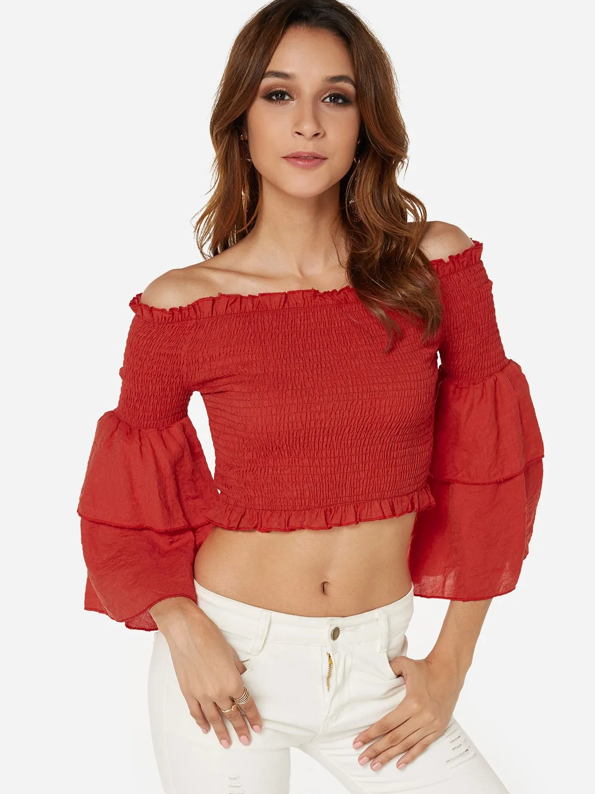 OEM ODM Off The Shoulder Plain Tiered 3/4 Sleeve Ruffle Hem Red Blouses