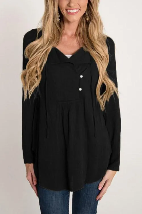 OEM ODM V-Neck Plain Long Sleeve Curved Hem Black Blouses