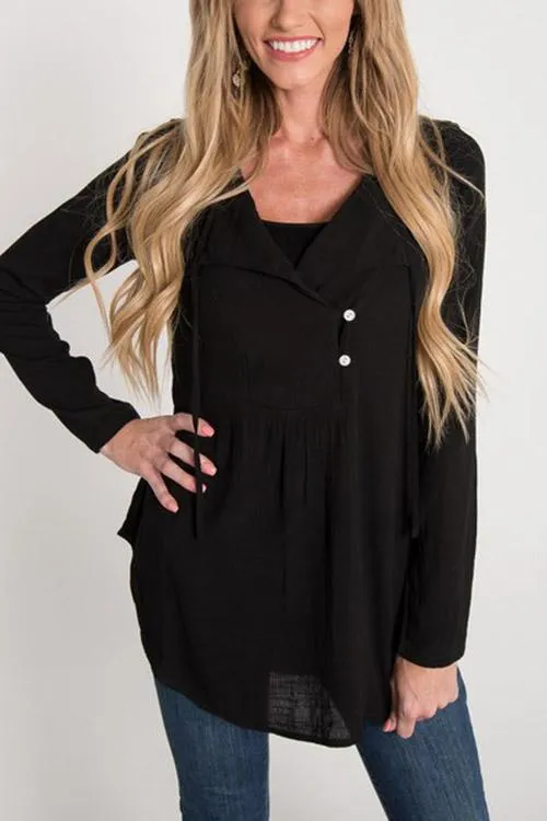 OEM ODM V-Neck Plain Long Sleeve Curved Hem Black Blouses