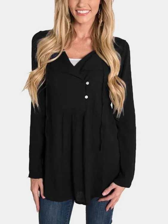 OEM ODM V-Neck Plain Long Sleeve Curved Hem Black Blouses