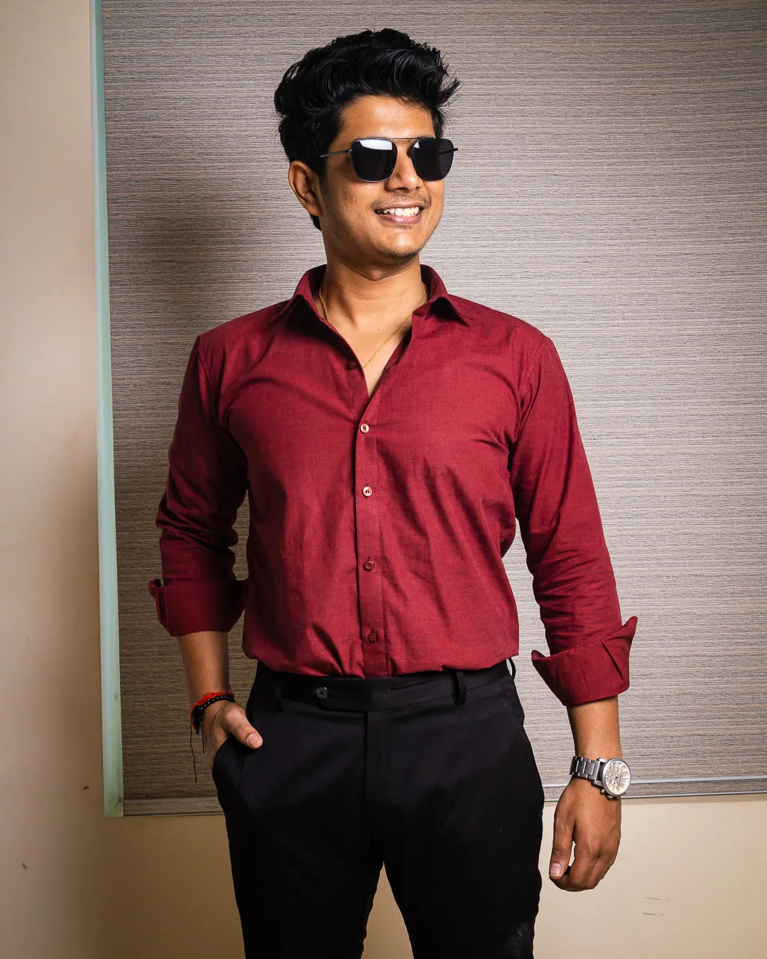 Opulent Maroon Slim Fit Yarn Dyed Cotton Shirt