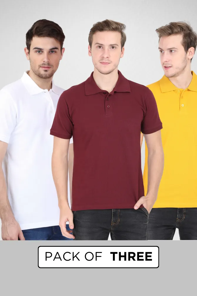 Pack Of 3 Polo T-Shirts White Maroon and Mustard Yellow for Men