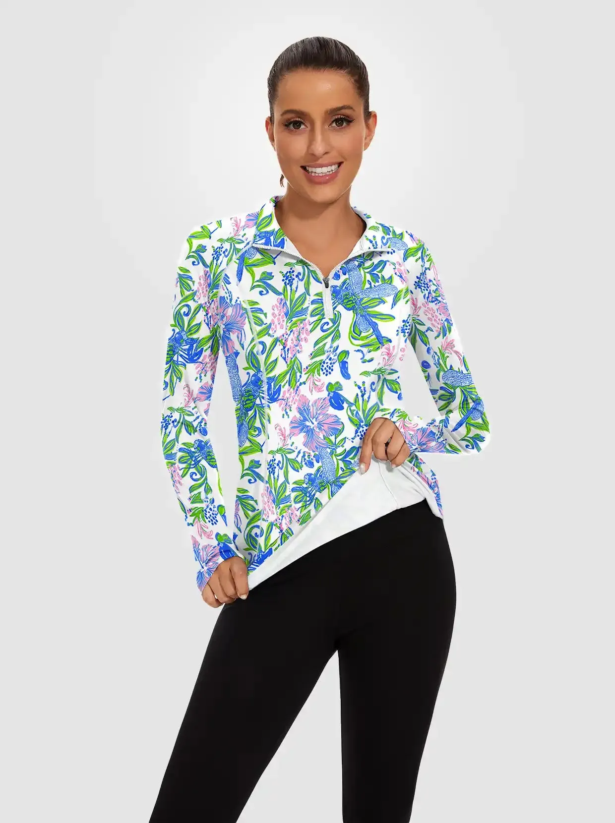 Pink and Blue Floral Quarter-zip Long-sleeve Fleece Tops for Women