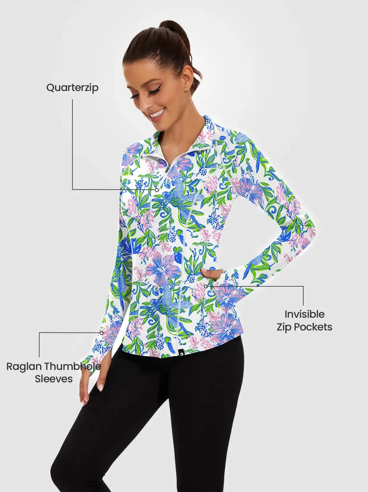 Pink and Blue Floral Quarter-zip Long-sleeve Fleece Tops for Women