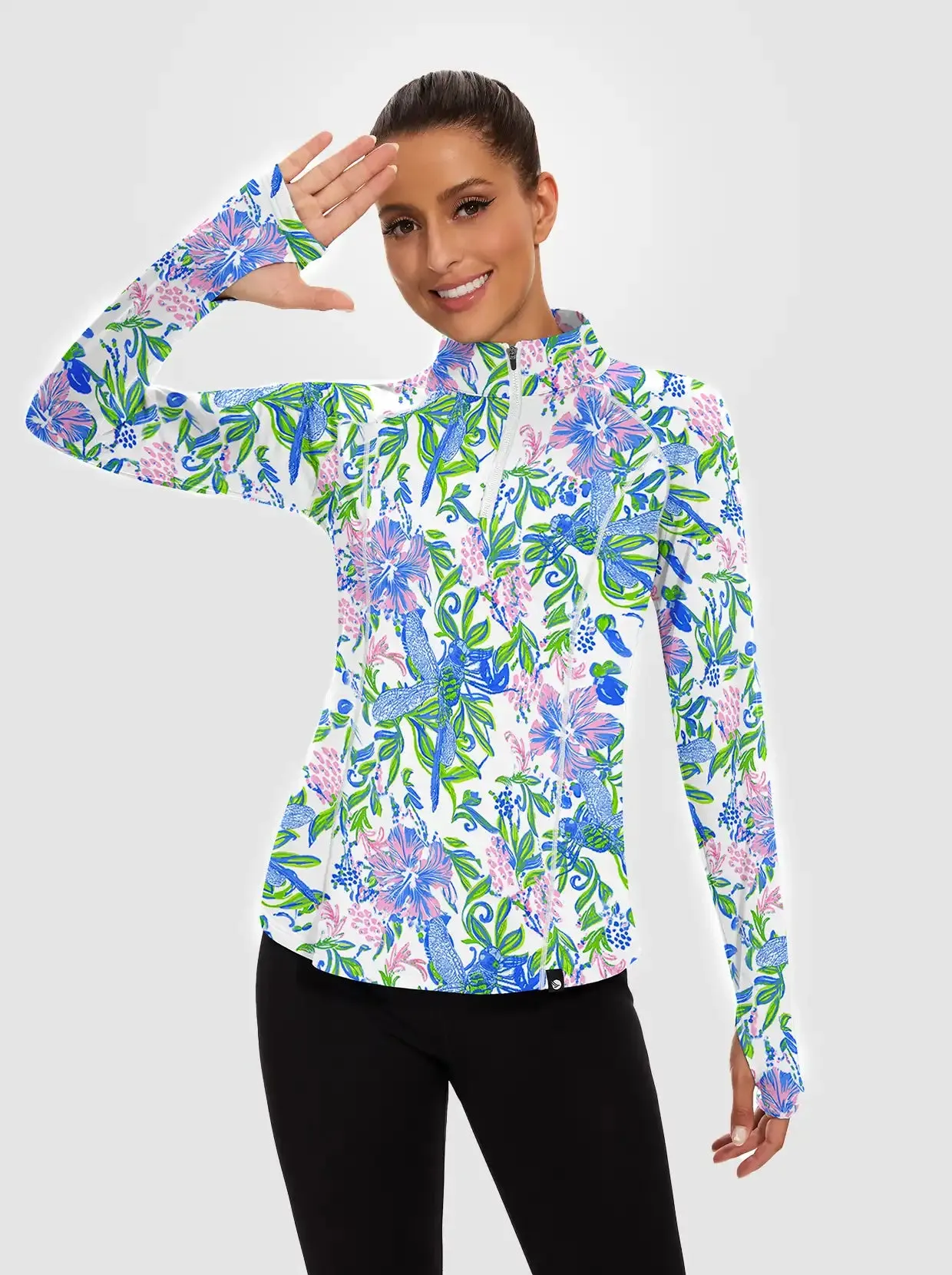 Pink and Blue Floral Quarter-zip Long-sleeve Fleece Tops for Women