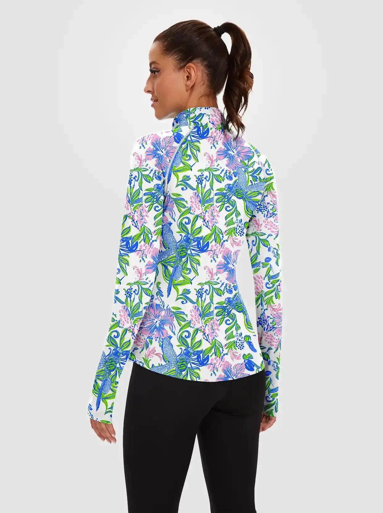 Pink and Blue Floral Quarter-zip Long-sleeve Fleece Tops for Women