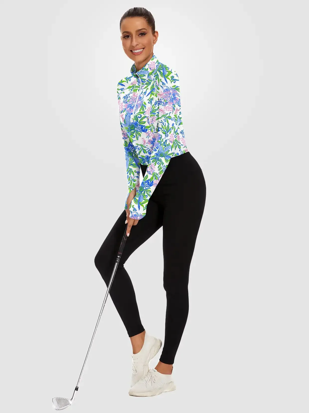 Pink and Blue Floral Quarter-zip Long-sleeve Fleece Tops for Women