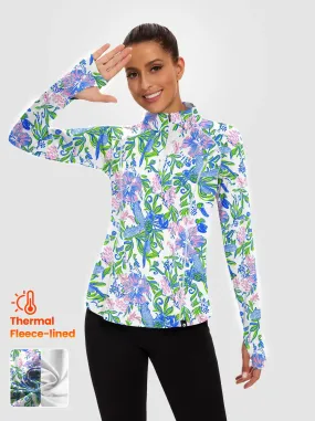 Pink and Blue Floral Quarter-zip Long-sleeve Fleece Tops for Women