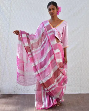 Pretty Pink Handwoven Linen Zari Saree - Bgvl