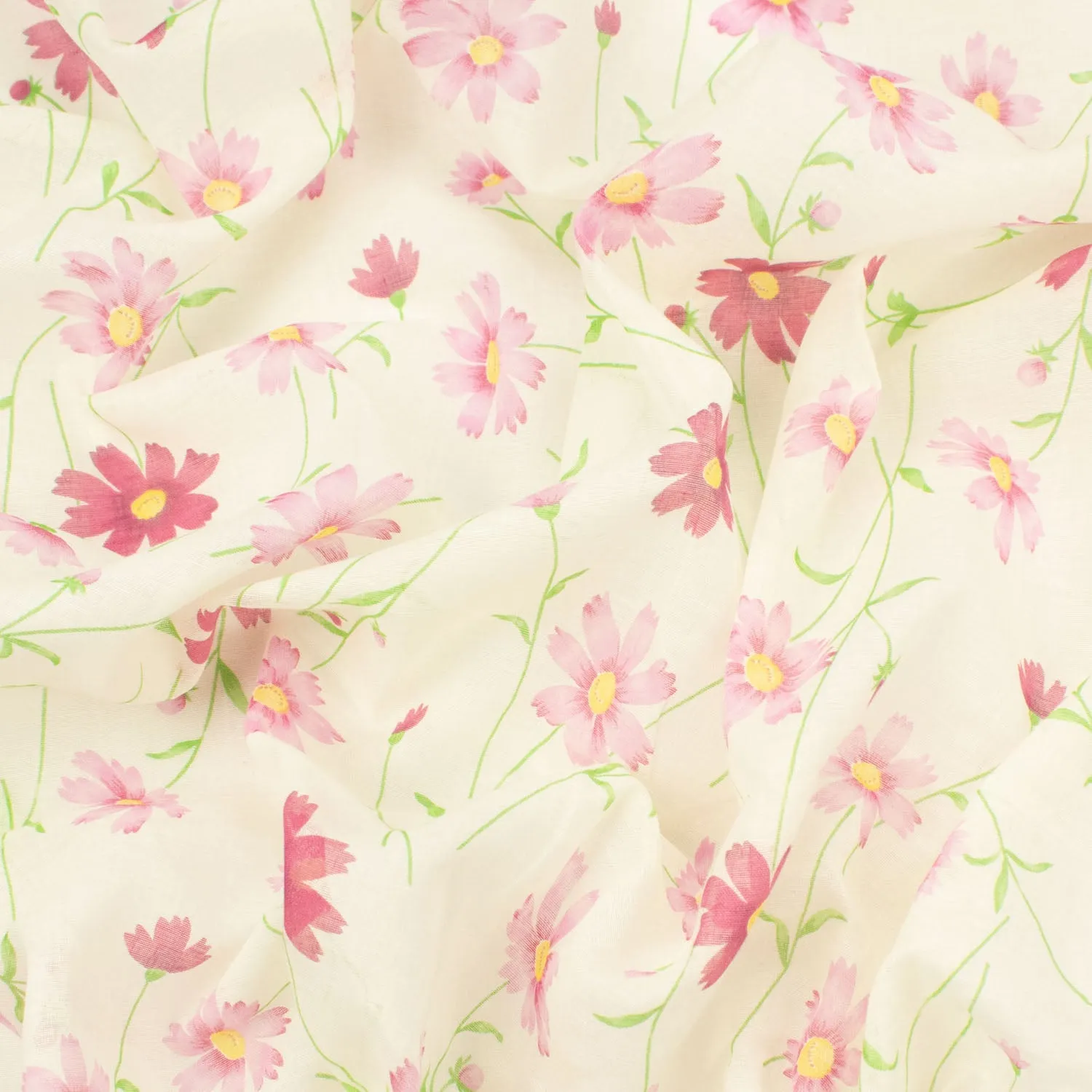 Printed Cotton Voile Design-D1 Pink Flowers on Cream