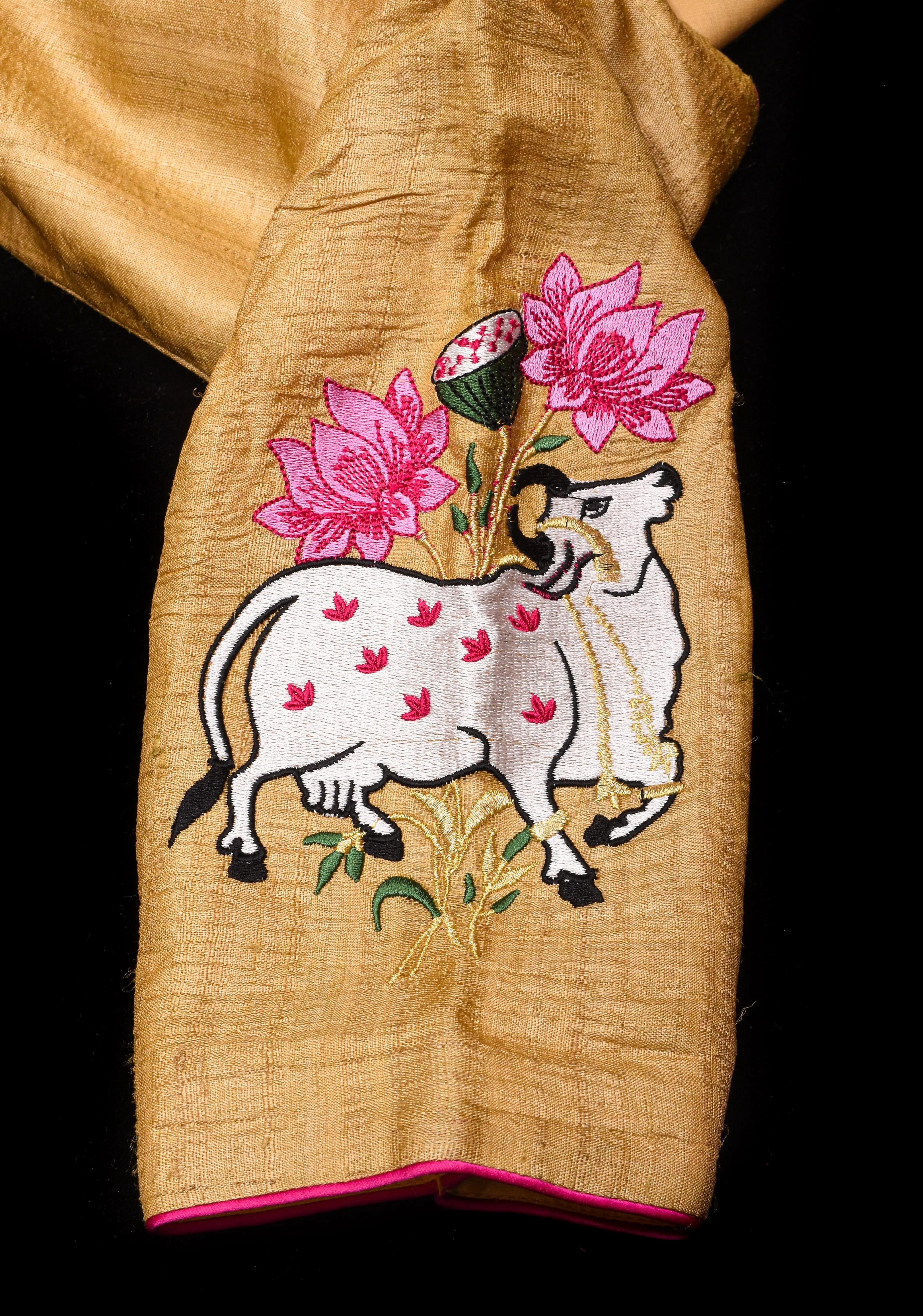 Pure Natural Tussar Blouse with pichwai cow embroidery on back and sleeves | Made to Order