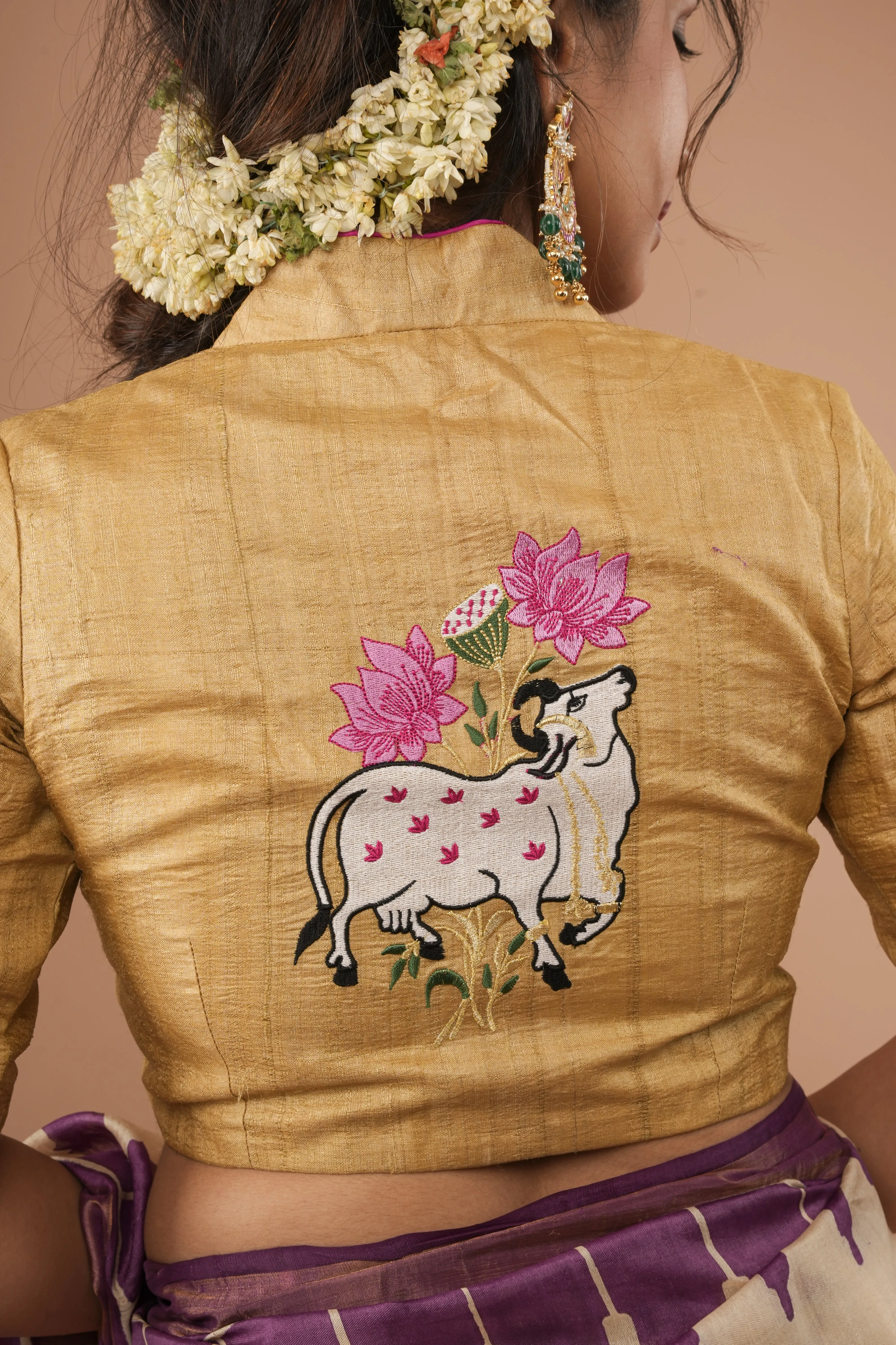 Pure Natural Tussar Blouse with pichwai cow embroidery on back and sleeves | Made to Order