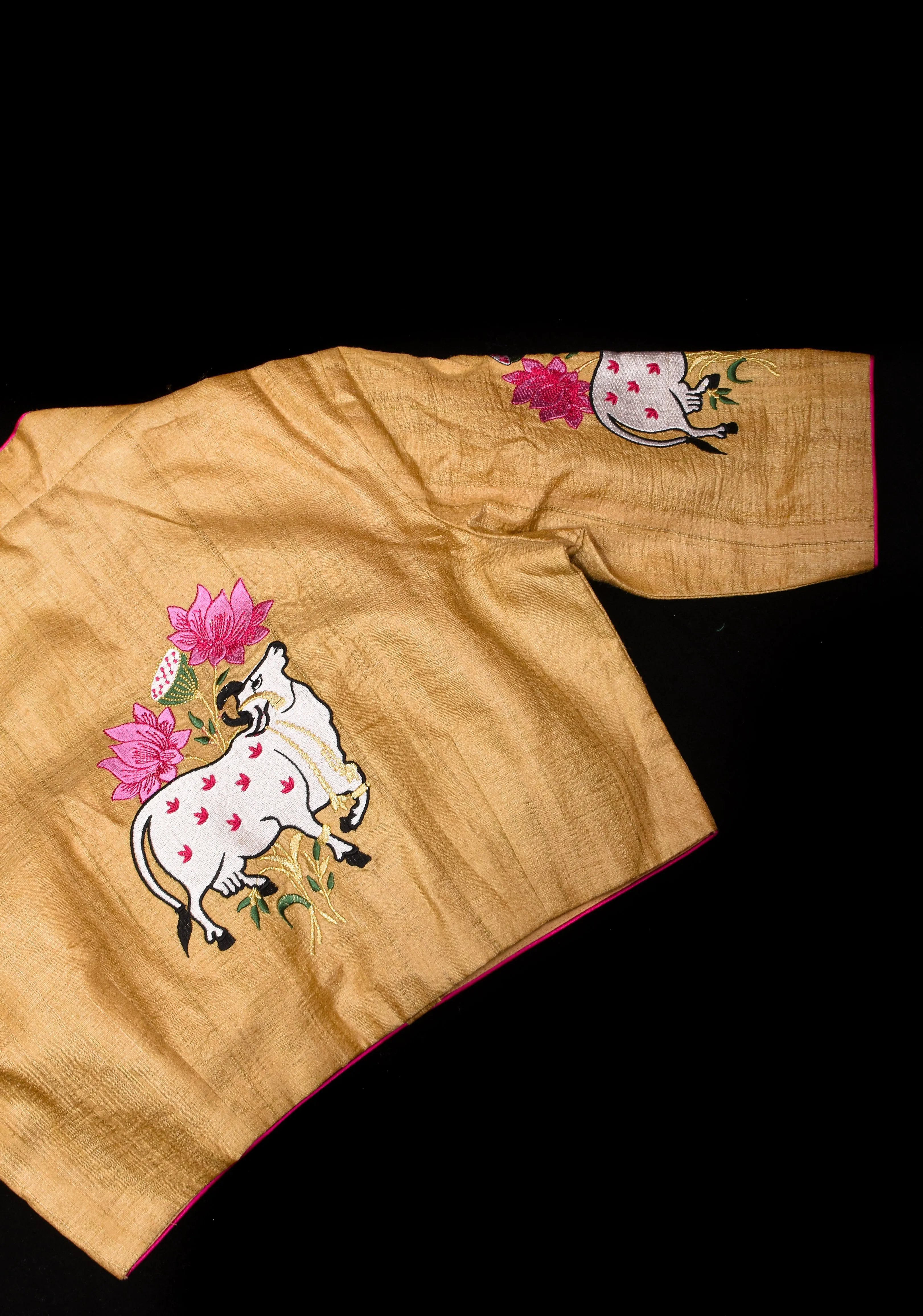 Pure Natural Tussar Blouse with pichwai cow embroidery on back and sleeves | Made to Order