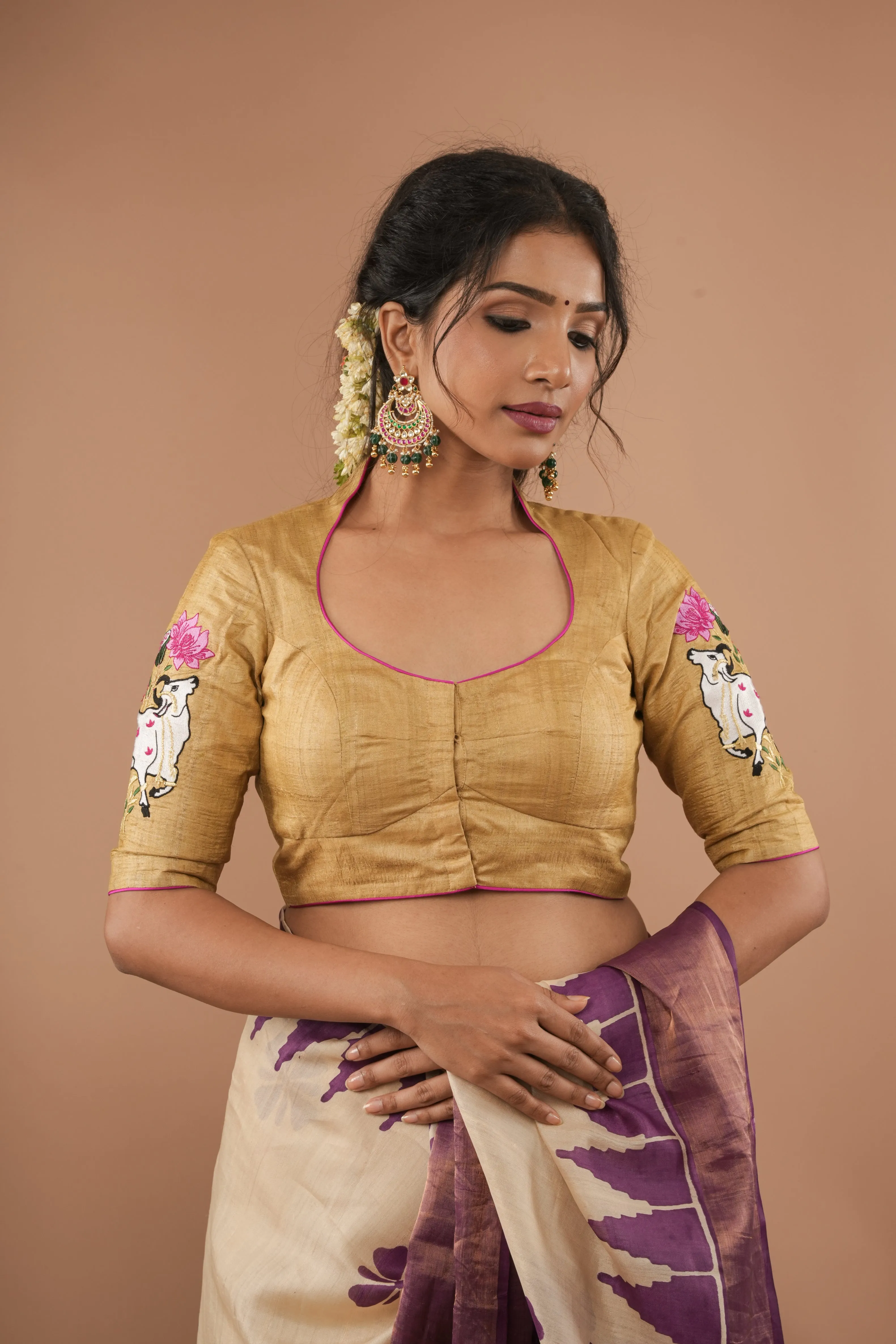 Pure Natural Tussar Blouse with pichwai cow embroidery on back and sleeves | Made to Order