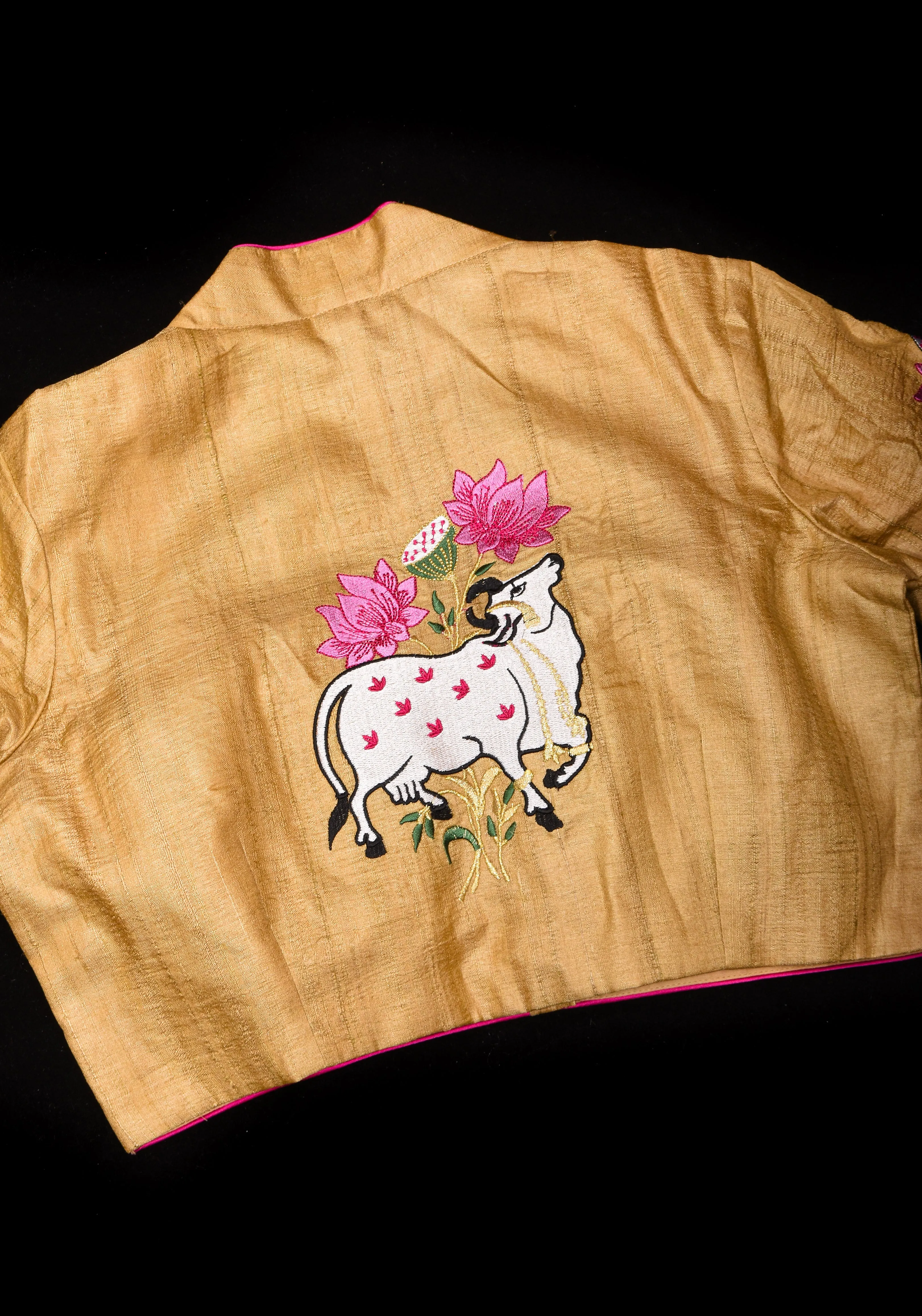 Pure Natural Tussar Blouse with pichwai cow embroidery on back and sleeves | Made to Order