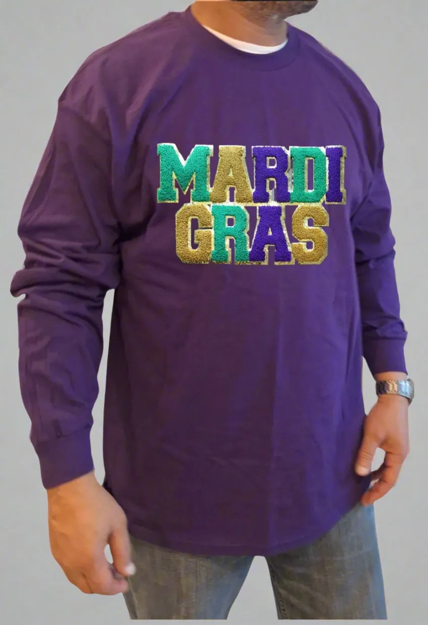 "Mardi Gras Magic: Purple Long Sleeve T-Shirt with Grand Embroidered Patch"