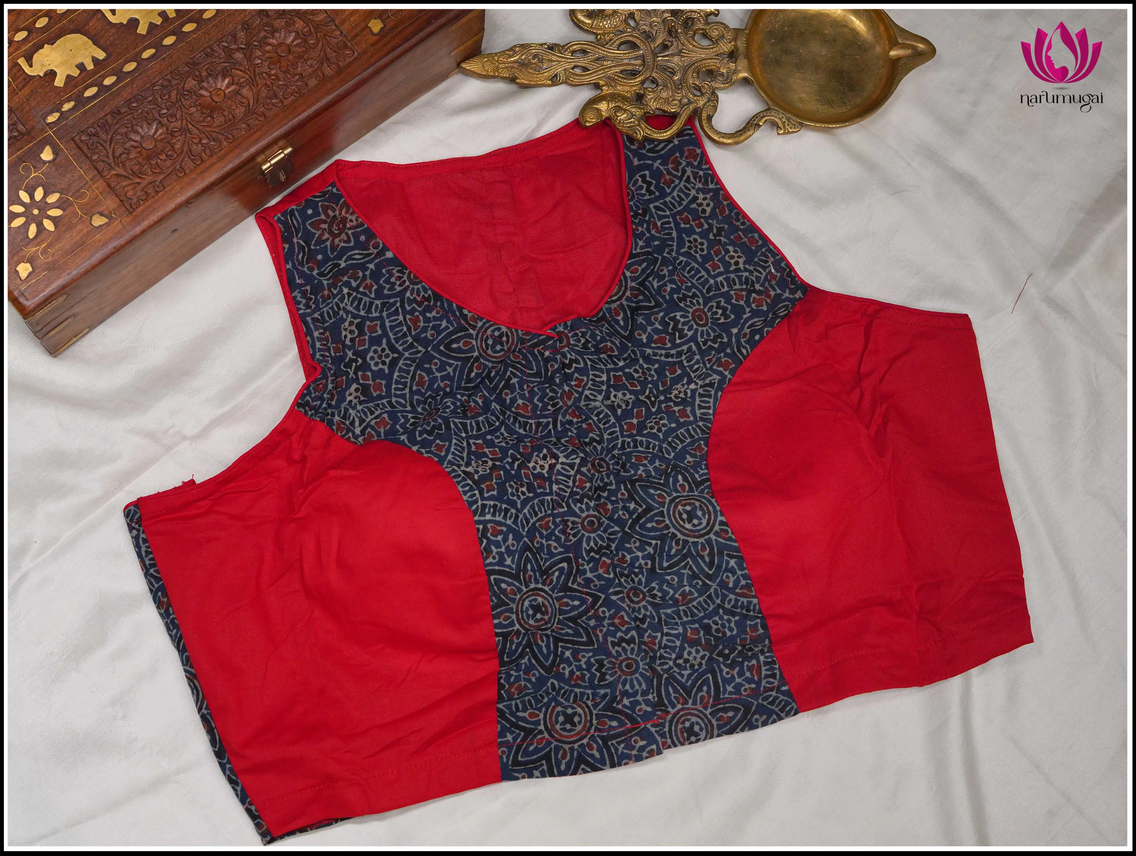 Red and Blue Kalamkari cotton sleeveless blouse - Size 38