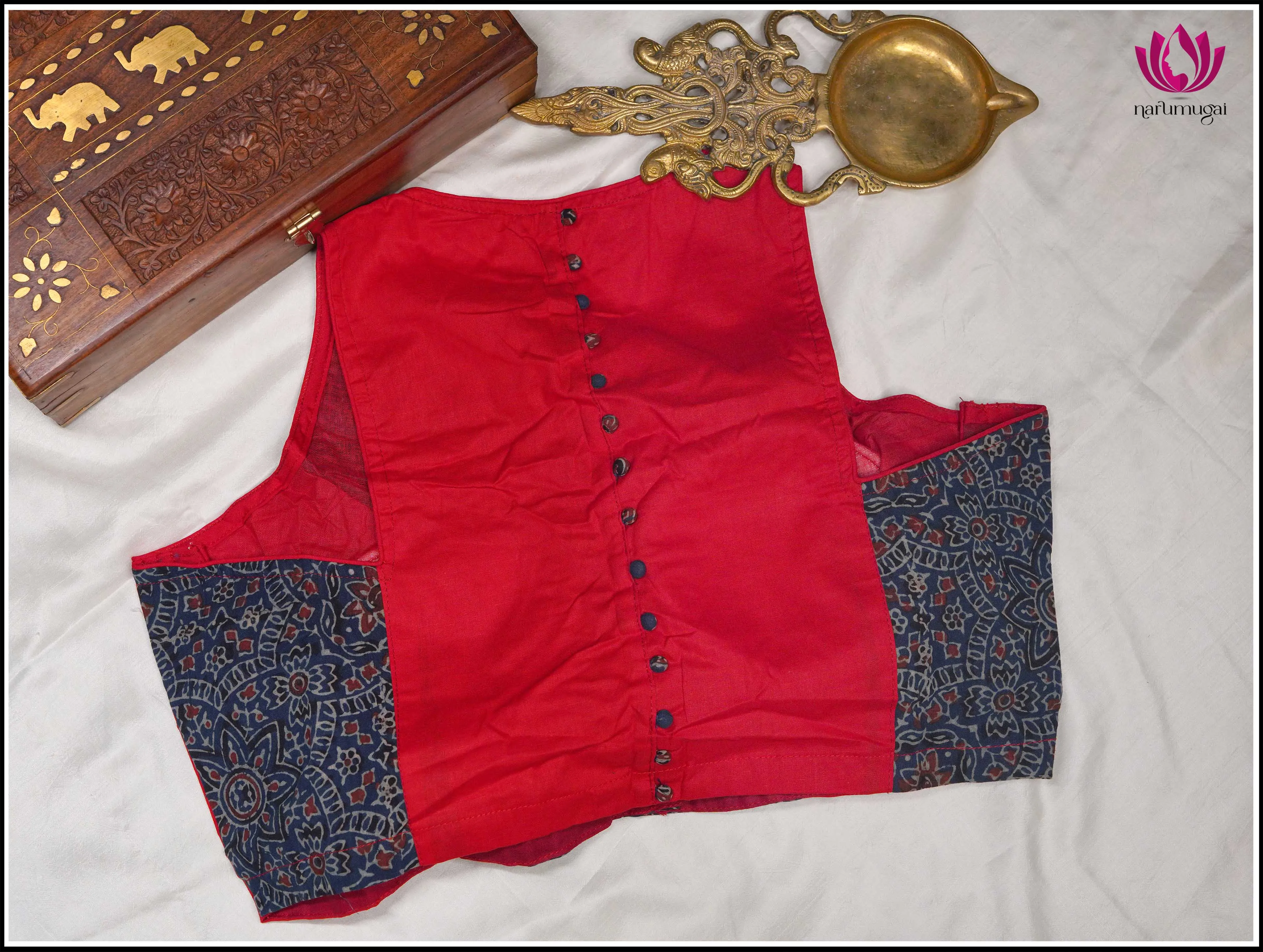 Red and Blue Kalamkari cotton sleeveless blouse - Size 38