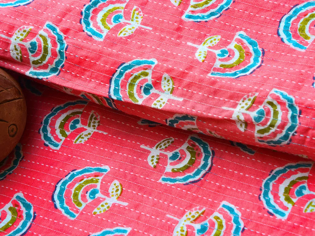 Salmon Pink Motifs Pure Cotton Kantha Fabric