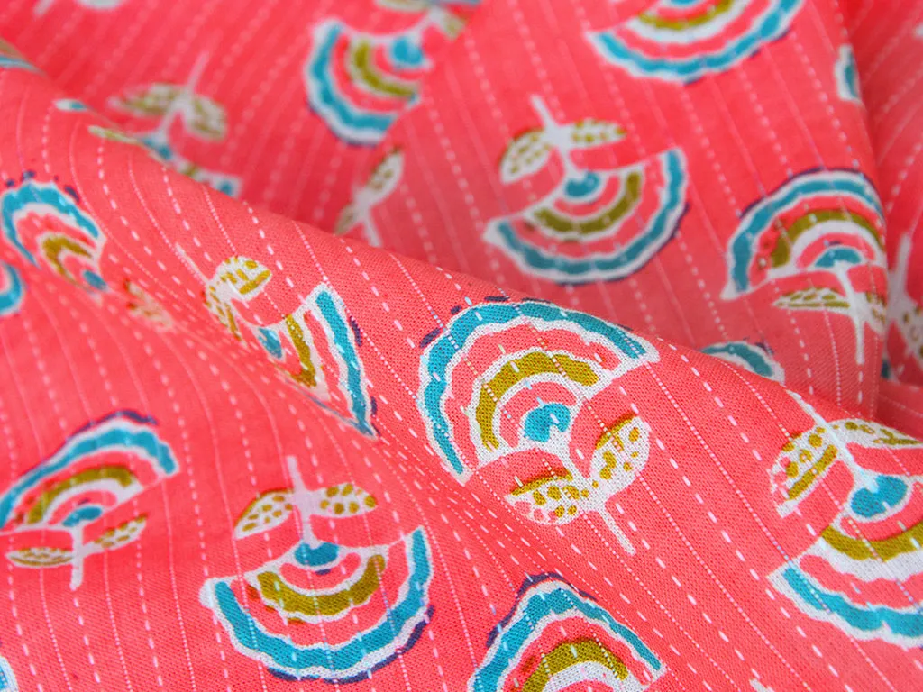 Salmon Pink Motifs Pure Cotton Kantha Fabric