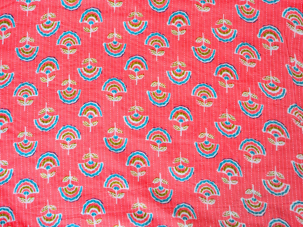 Salmon Pink Motifs Pure Cotton Kantha Fabric