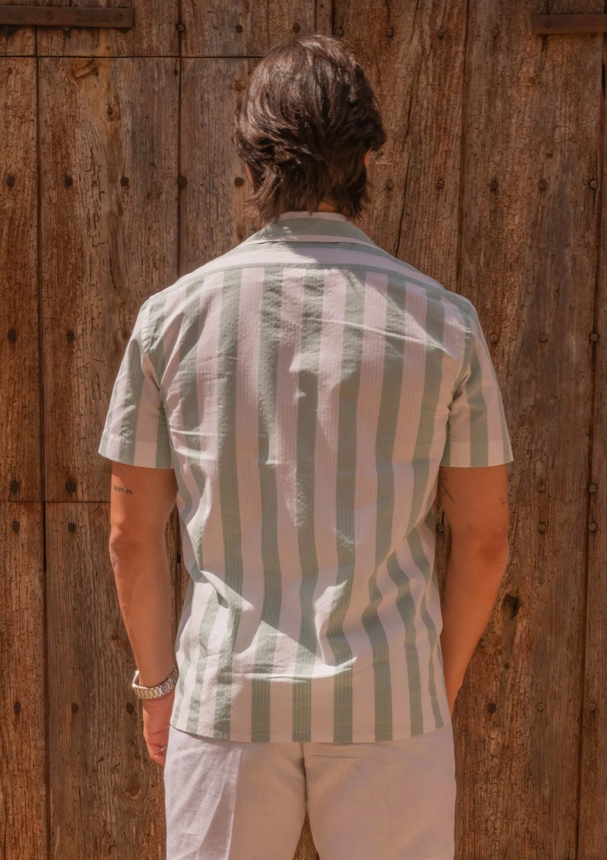 Seersucker Cotton Short Sleeve Shirt - Green & White Stripe