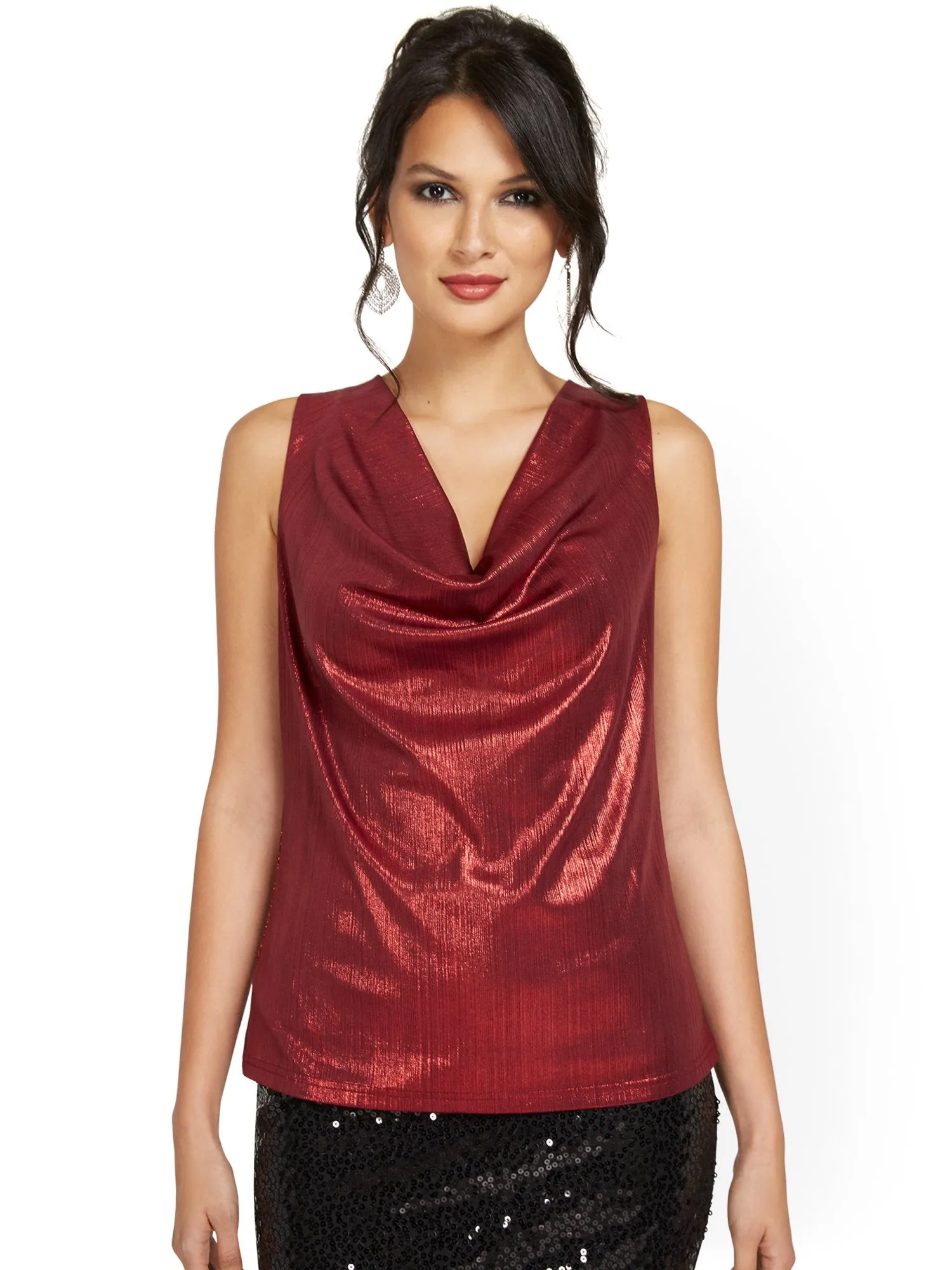 Shiny Cowl-Neck Open-Back Top