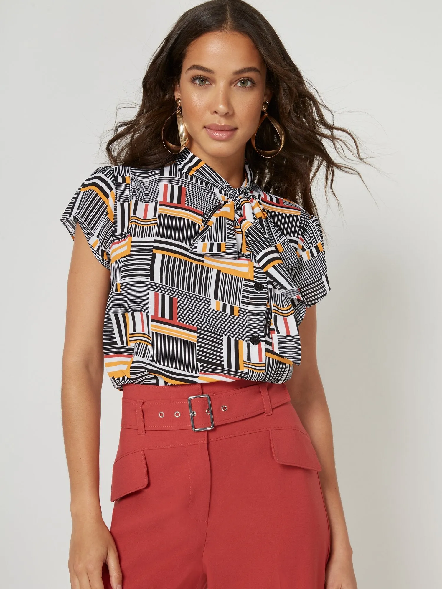 Side Button Bow Stripe Blouse - 7th Avenue