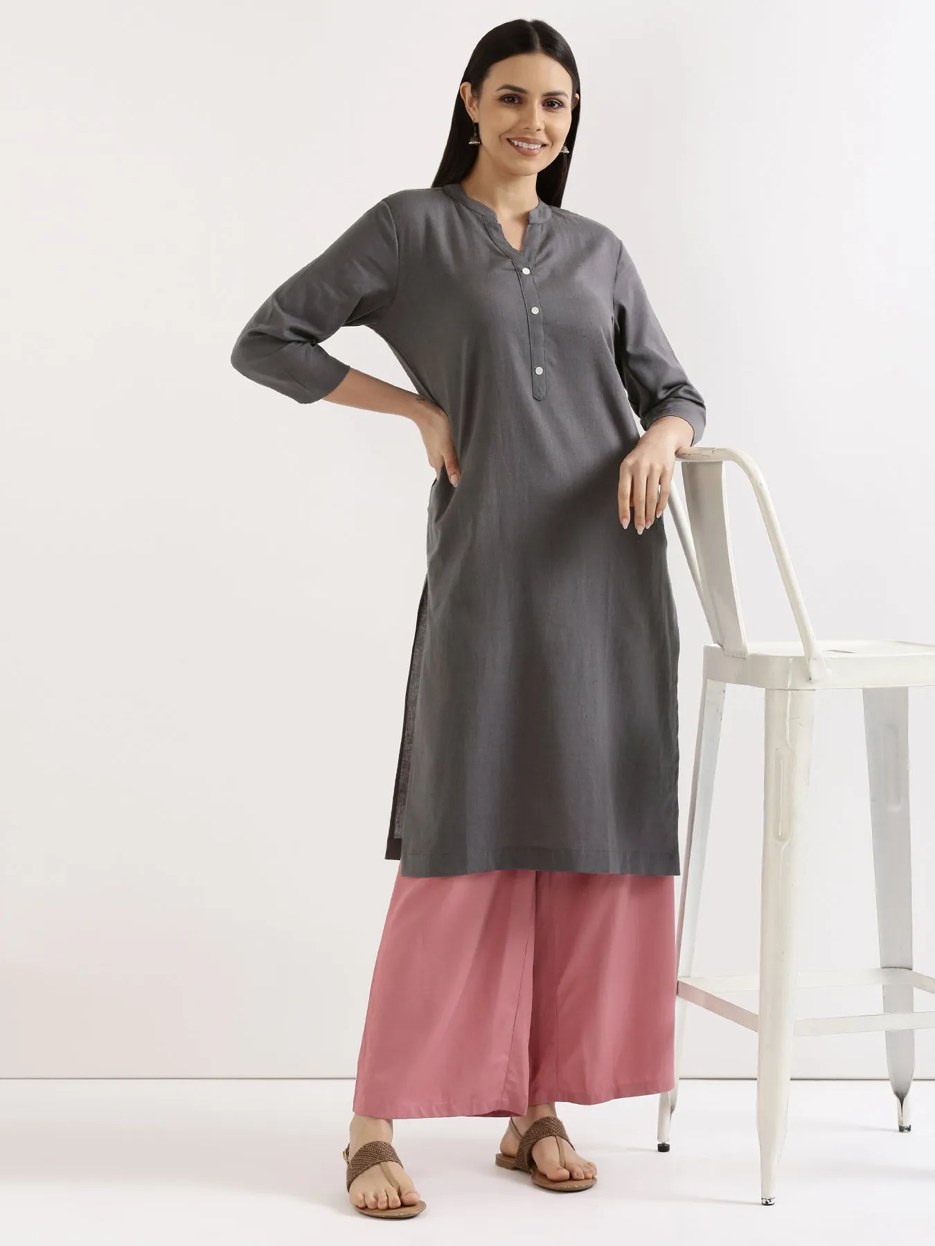 Slate Grey Airy Linen Long Kurta