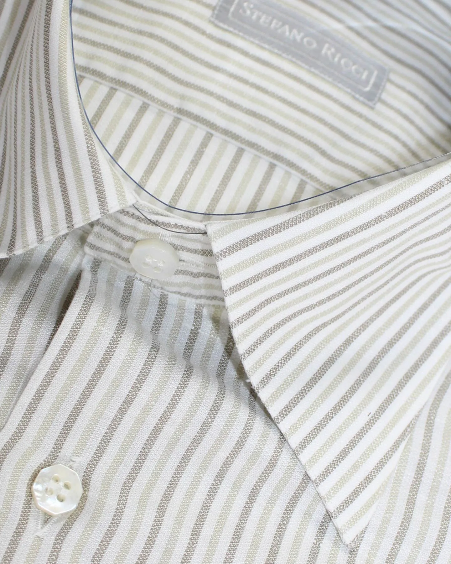 Stefano Ricci Shirt Slim Fit White Taupe Stripes Linen Cotton 38 - 15 SALE