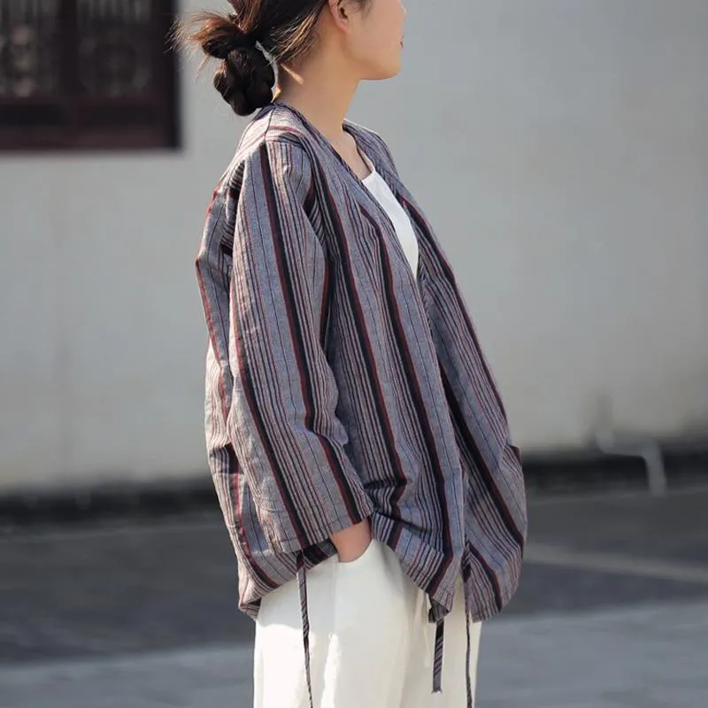 Striped V Neck Wrap Linen Shirt  | Zen