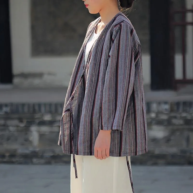 Striped V Neck Wrap Linen Shirt  | Zen