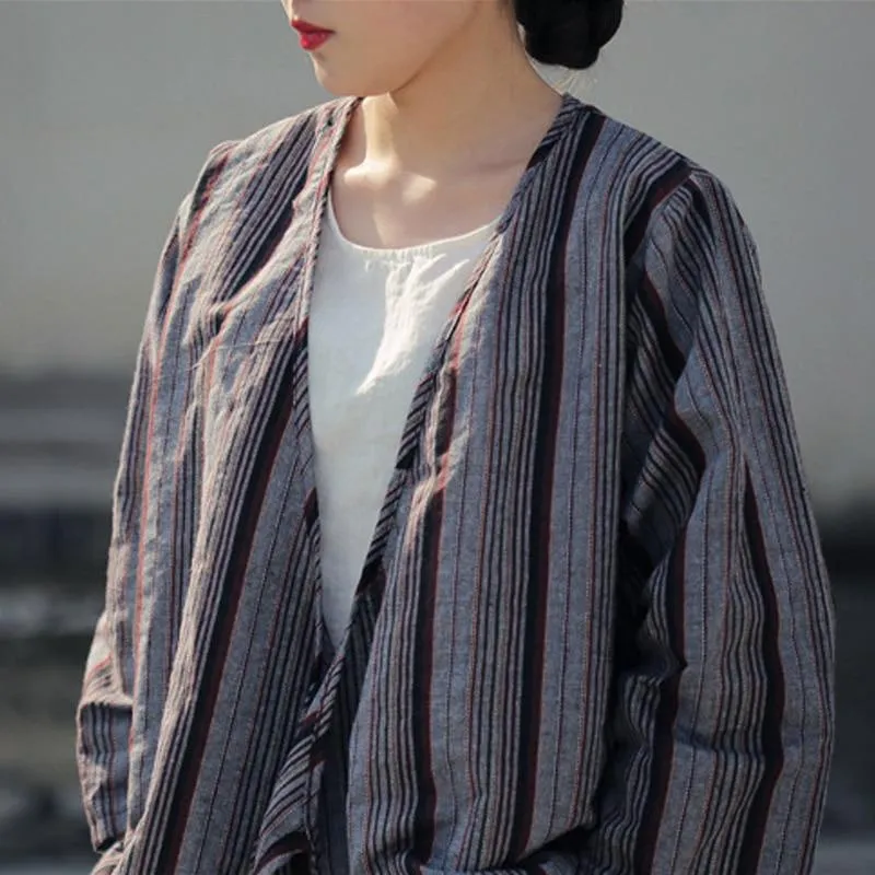 Striped V Neck Wrap Linen Shirt  | Zen