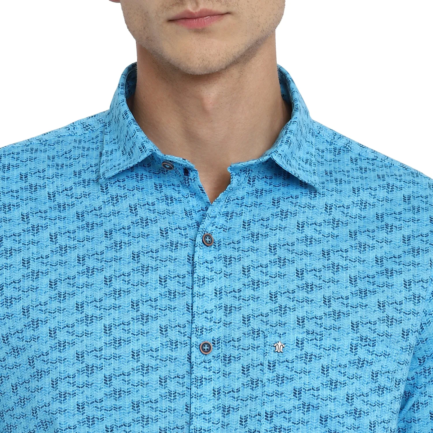 Turtle Men Aqua Blue Cotton Printed Slim Fit Shirts