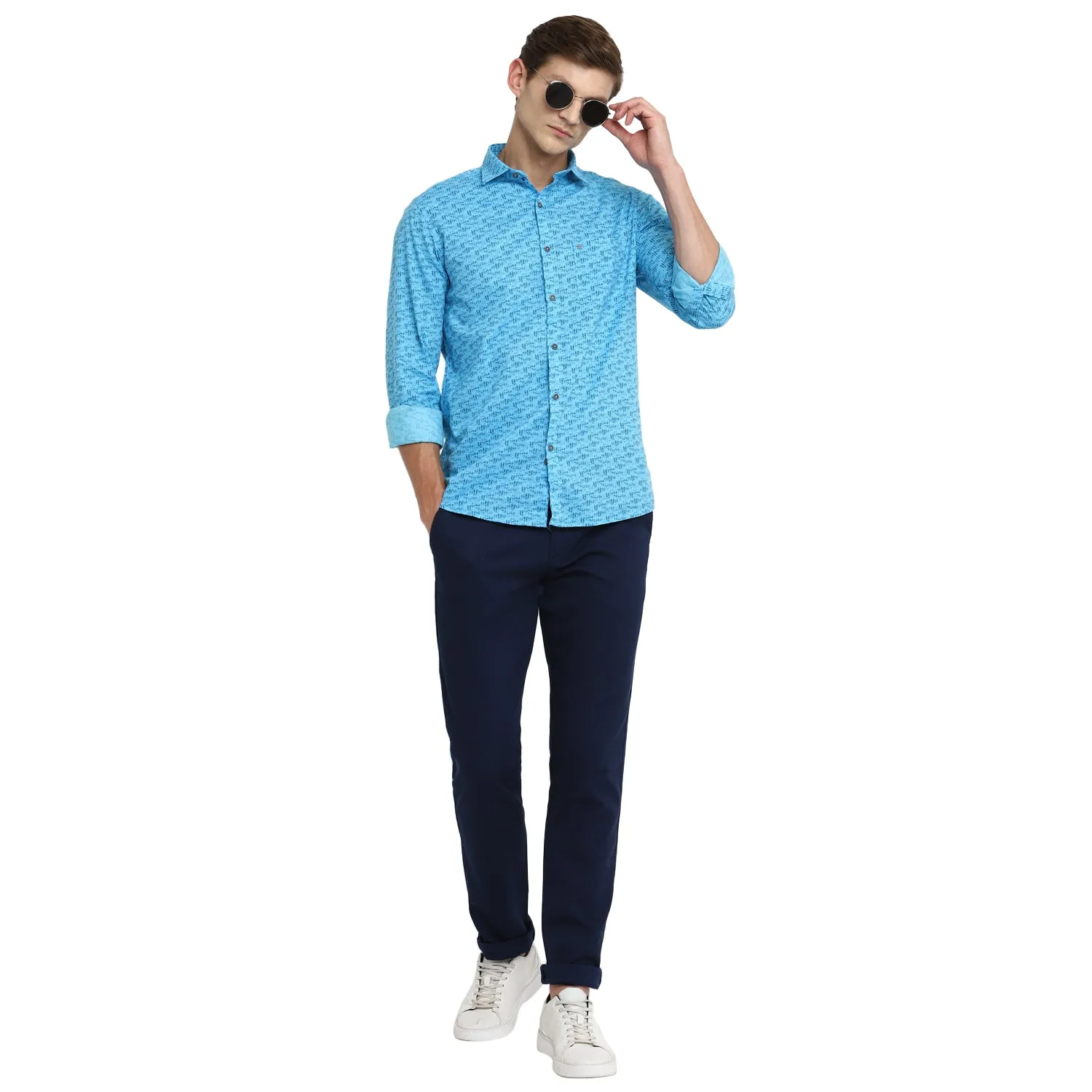 Turtle Men Aqua Blue Cotton Printed Slim Fit Shirts