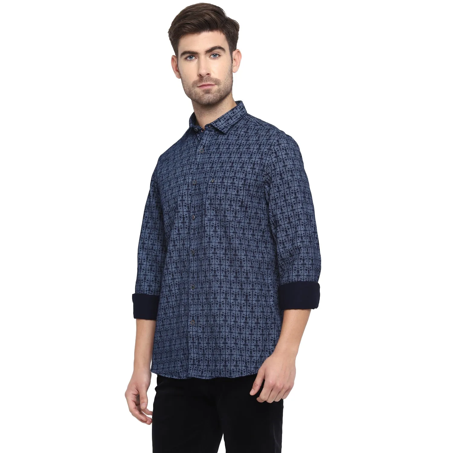 Turtle Men Navy Cotton Printed Slim Fit Shirts