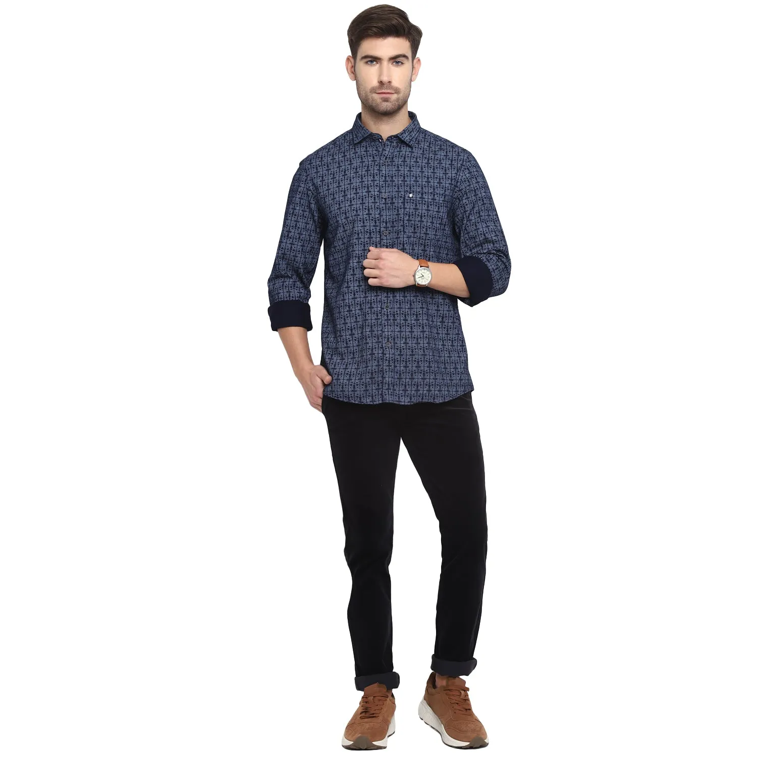 Turtle Men Navy Cotton Printed Slim Fit Shirts