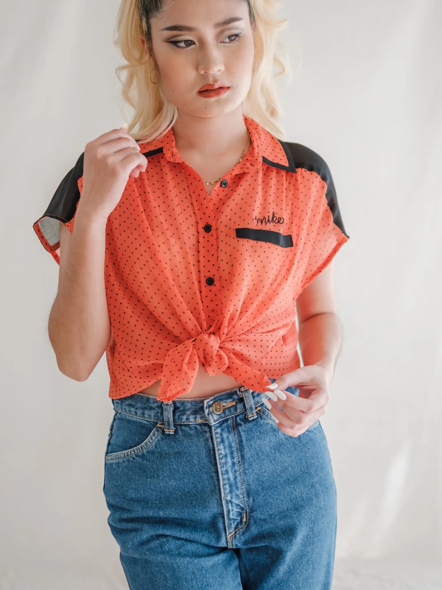 Vintage Collared Neck Knot Tie Vibrant Orange Blouse