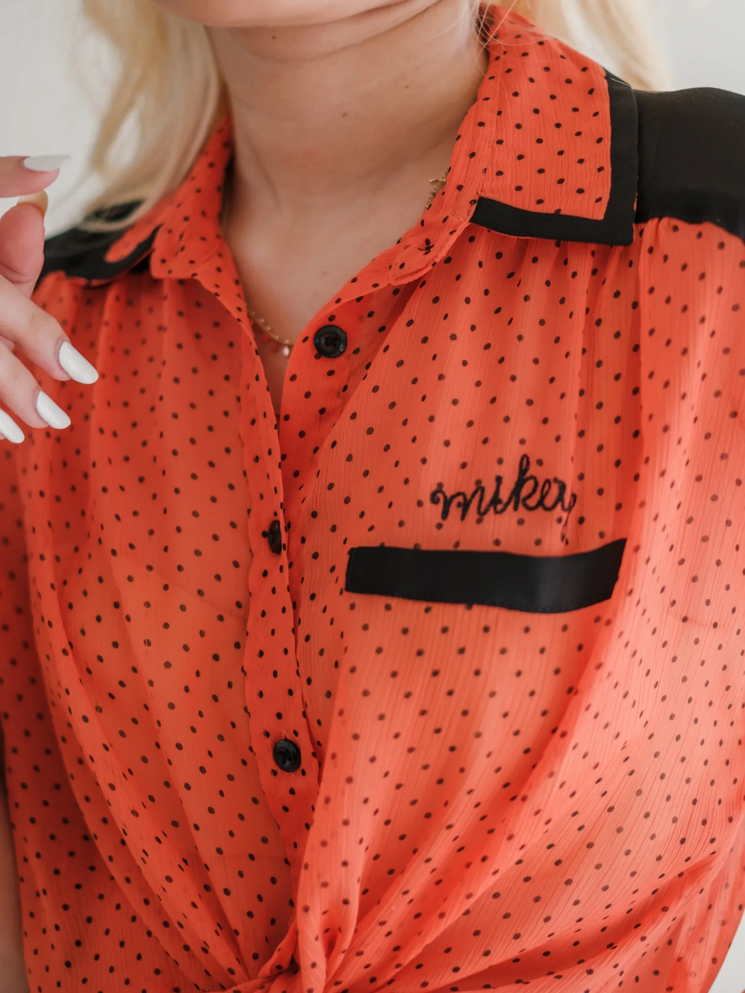 Vintage Collared Neck Knot Tie Vibrant Orange Blouse