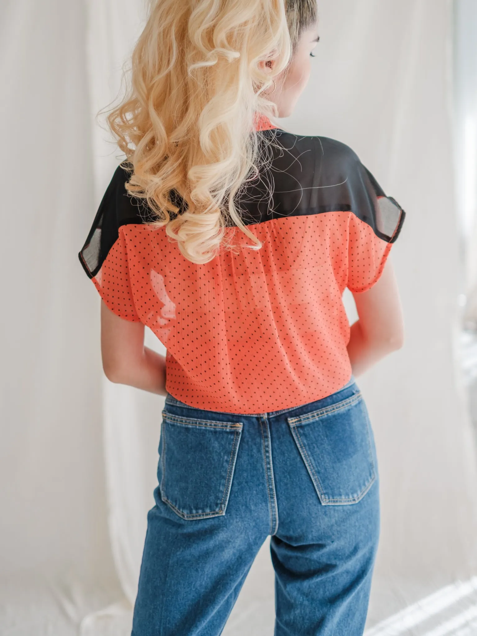 Vintage Collared Neck Knot Tie Vibrant Orange Blouse