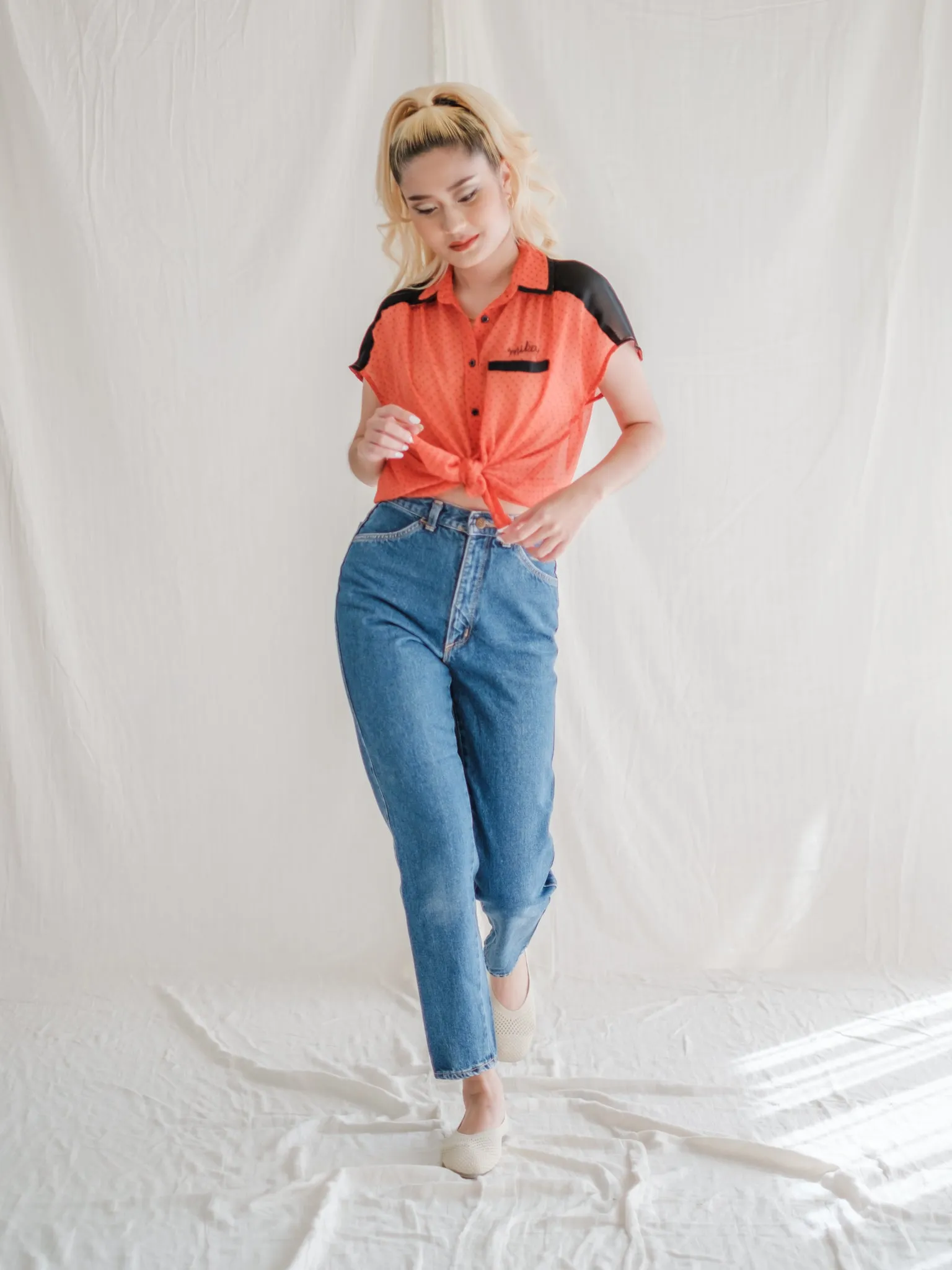 Vintage Collared Neck Knot Tie Vibrant Orange Blouse