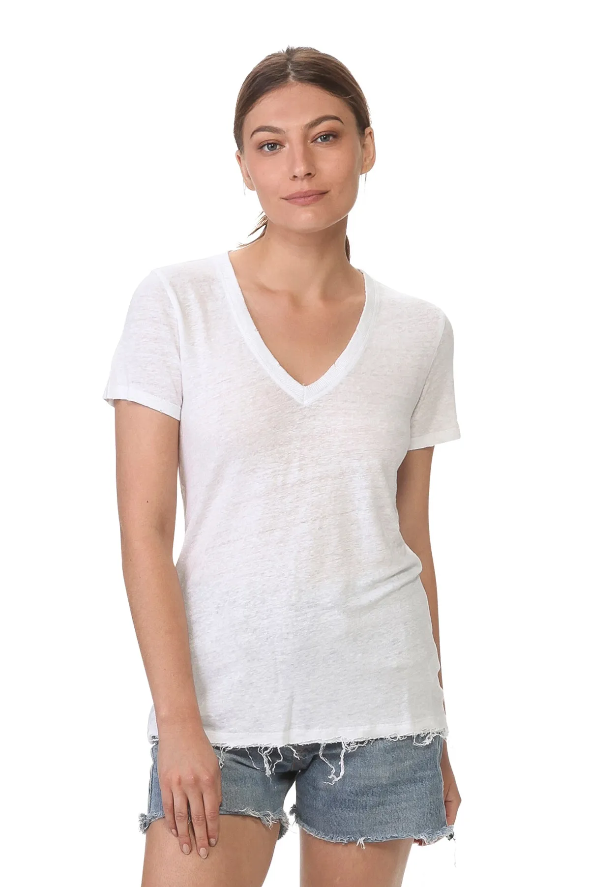 White V Neck Linen Tee