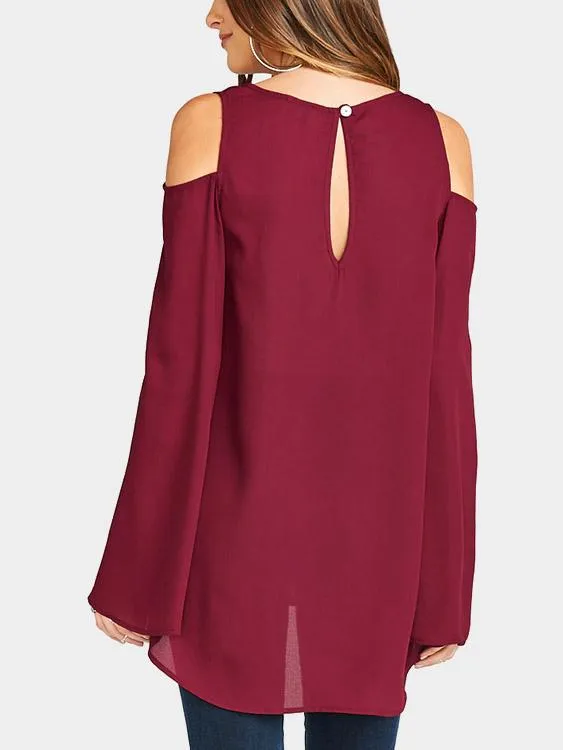 Wholesale Burgundy V-Neck Long Sleeve Plain Cut Out Irregular Hem Blouses