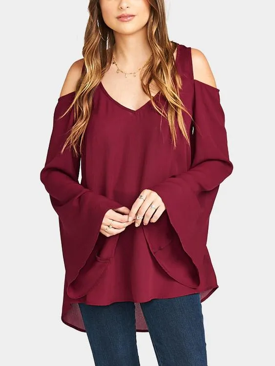 Wholesale Burgundy V-Neck Long Sleeve Plain Cut Out Irregular Hem Blouses